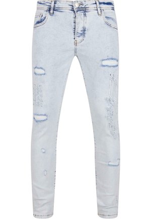 Világoskék farmernadrág, slim fit szabással, megviselt foltokkal, hímzett részletekkel és minimális kopással az egész felületen.