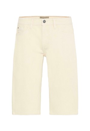 Svetlo kremasti denim kratke hlače z ravnim krojem. Imajo pet žepov, zapenjanje na gumb in subtilne detajle šivov.
