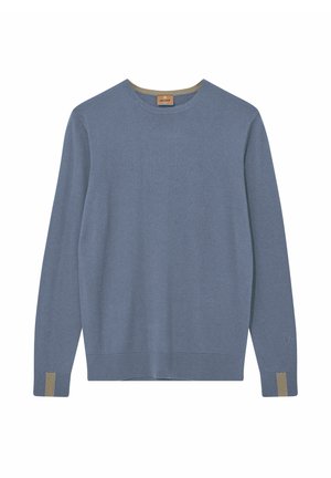 Hele sinine ümara kaelusega pikkade varrukatega kampsun, mille varrukaservades on beežid triibud, laotatud valgele taustale.