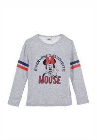 Maglietta a maniche lunghe grigia chiara con grafica di Minnie Mouse e un fiocco rosso. Il testo in navy e rosso recita "IL TOPOLINO PREFERITO DA TUTTI."