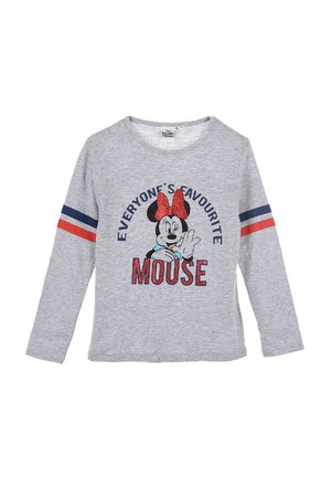 Jasnoszara koszula z długim rękawem z grafiką Minie Mouse z czerwoną kokardą. Napis w granatowym i czerwonym kolorze brzmi "ULUBIENA MYSZKA KAŻDEGO".