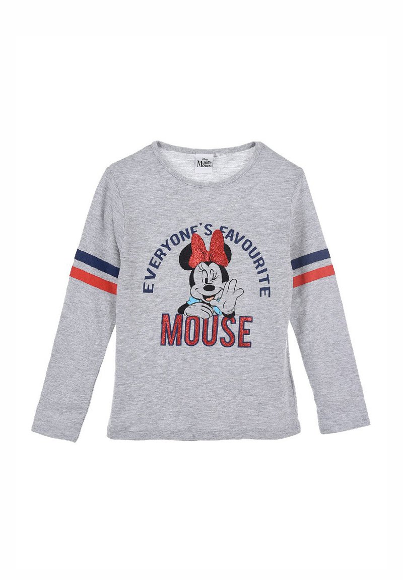 Maglietta a maniche lunghe grigia chiara con grafica di Minnie Mouse e un fiocco rosso. Il testo in navy e rosso recita "IL TOPOLINO PREFERITO DA TUTTI."
