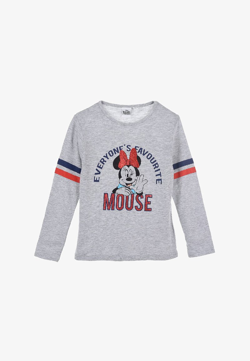 Hellgraues Langarmshirt mit einem Minnie Mouse Grafik, die eine rote Schleife trägt. Der Text in Marineblau und Rot lautet "JEDERMANS LIEBLINGSMAUS."