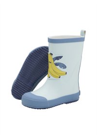 Bottes de pluie en caoutchouc de couleur bleu clair avec un graphique de banane sur le côté, accentuées par une semelle et des bordures de bleu plus foncé. Semelle texturée pour une meilleure adhérence.