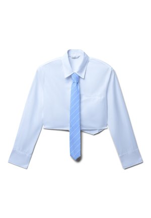 Camicia a maniche lunghe di colore blu chiaro, cropped, con colletto a punta, abbinata a una cravatta a righe blu chiaro. Tessuto liscio, design minimalista.