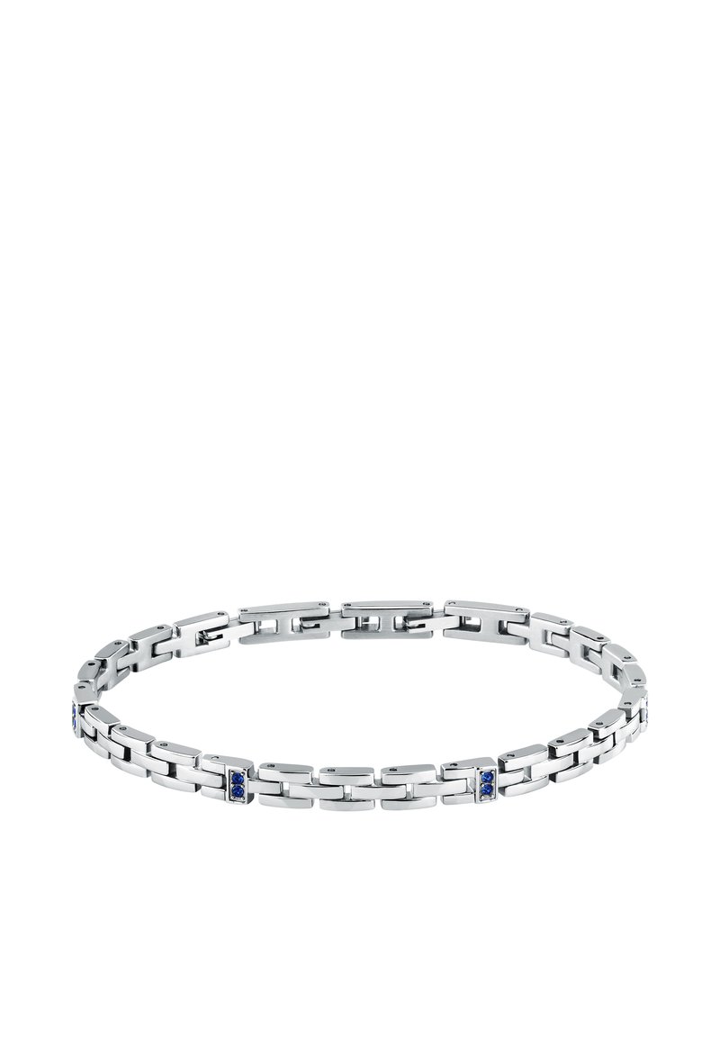 Bracciale in argento con anelli rettangolari intrecciati e accenti di pietre blu. Texture liscia con una finitura lucida.