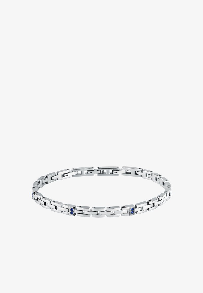 Bracciale in argento con anelli rettangolari intrecciati e accenti di pietre blu. Texture liscia con una finitura lucida.