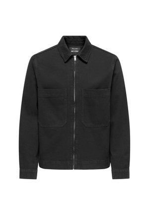 Veste en denim noir avec fermeture éclair à l'avant, col et deux poches poitrine. Manches longues et coupe droite. Texture douce.