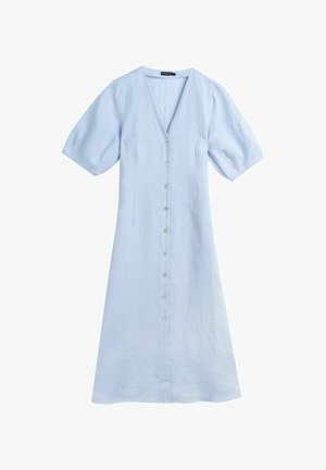 Lichtblauwe midi-jurk met korte pofmouwen, V-hals en knoopsluiting aan de voorkant van boven tot onder.