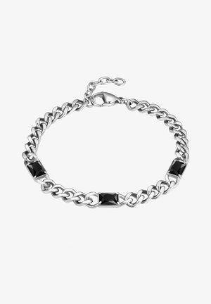 Ezüst lánc karkötő téglalap alakú fekete drágakövekkel, amelyek váltakozva helyezkednek el a láncon. Lobogó kapoccsal a biztonságos rögzítés érdekében.