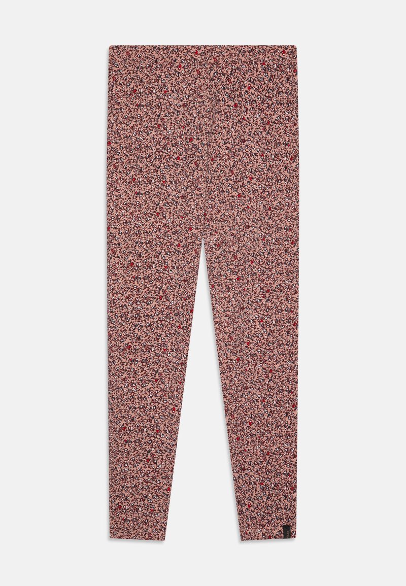 Leggings med blomstermønster som har røde og kremfargede blomster på en lyserød bakgrunn. Laget av elastisk stoff, designet for en tettsittende silhuett.