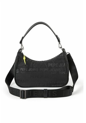 Czarna torba na ramię Pepe Jeans z tłoczonym wzorem logo, krótką rączką, odpinanym, regulowanym paskiem oraz żółtym detalem suwaka.