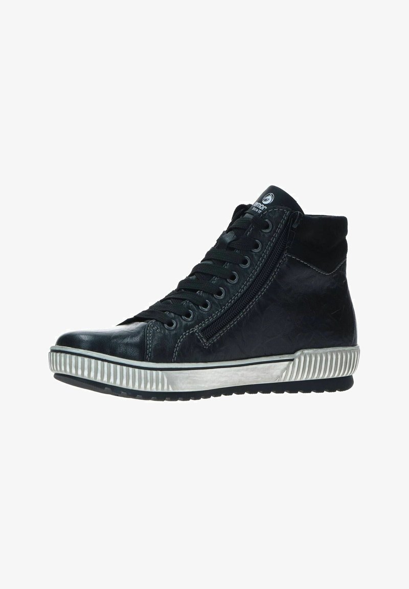Schwarze Leder-High-Top-Sneaker mit strukturiertem Finish, Schnürverschluss vorne, seitlichem Reißverschluss und Gummisohle mit horizontalen Rillen.