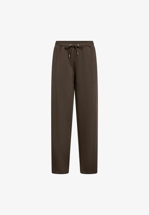 Dunkelbraune gerade Sweatpants mit elastischem Bund und schwarzem Kordelzug, präsentiert auf weißem Hintergrund.