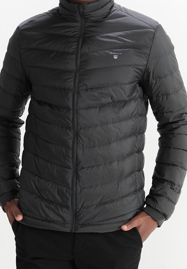 Tumma harmaa untuvatakki, jossa on pystysuorat tikatut osat, korkea kaulus, täysi etuvetoketju ja logo vasemmassa rinnassa. Sileä, kevyt materiaali.