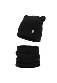 Berretto a coste nera con accenti per le orecchie e scaldacollo abbinato. Presenta un piccolo etichetta quadrata con un logo a forma di cuore. Materiale morbido e elasticizzato.