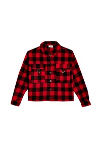 Rød og sort ternet flanneljakke, cropped design, knaplukning foran, store brystlommer og spids krave. Teksturstof med et ternet mønster.