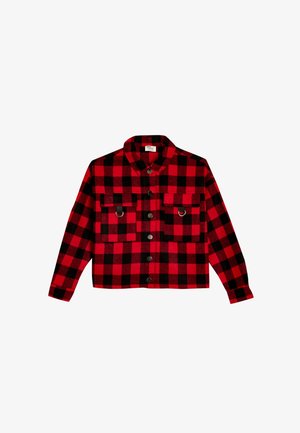 Red and black plaid flannel jacket, cropped design, button-up front, large chest pockets, and a point collar. Textured fabric with a check pattern.