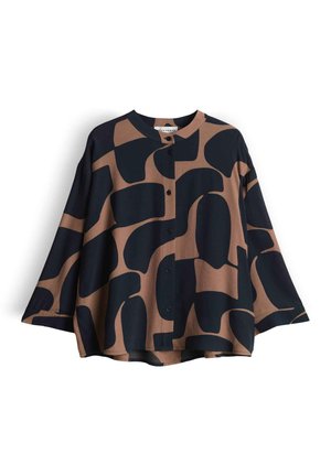 Chemise à manches longues boutonnée marron et noire à motif abstrait, col rond et coupe ample.