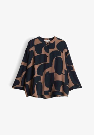 Bruin en zwart abstract patroon lange mouwen blouse met knopen, ronde kraag en losse pasvorm.