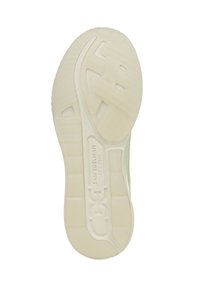 Suola di sneaker verde chiaro con gomma testurizzata, bordi curvi e marchio in rilievo. Presenta scanalature per la trazione e un design robusto.