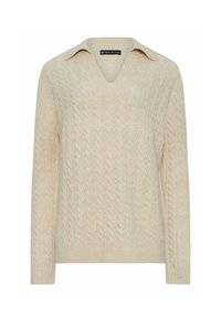 Maglione in misto cotone beige a maglia con scollatura a V e colletto. Maniche lunghe e dettaglio a coste in fondo, con un motivo testurizzato su tutta la superficie.