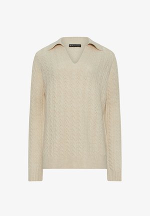 Beige Kabelstrickpullover mit V-Ausschnitt und Kragen. Lange Ärmel und gerippter Saum, mit einem strukturierten Muster durchgehend.