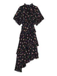 Vestido preto assimétrico com estampado floral rosa, com borda franzida nas mangas, na cintura e na saia, apresentando um decote alto e mangas curtas em balão.