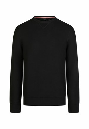 Schwarzer Pullover mit langem Arm und Rundhalsausschnitt, gerippten Bündchen und Saum, strukturiertem Strickstoff und einem kleinen dreieckigen Stepp-Detail unter dem Halsausschnitt.