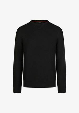 Schwarzer Pullover mit langem Arm und Rundhalsausschnitt, gerippten Bündchen und Saum, strukturiertem Strickstoff und einem kleinen dreieckigen Stepp-Detail unter dem Halsausschnitt.