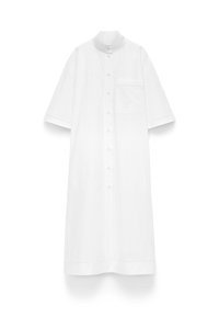 White knee-length button-up dress with short sleeves, mandarin collar, and a chest pocket on the left side.