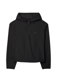 Black lightweight hooded pullover jacket with a half front zipper and elastic cuffs and hem.