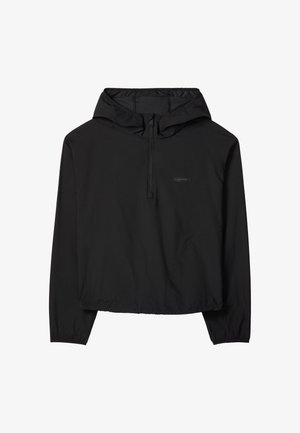Schwarze, leichte Kapuzenjacke mit halbem Frontreißverschluss sowie elastischen Bündchen und Saum.
