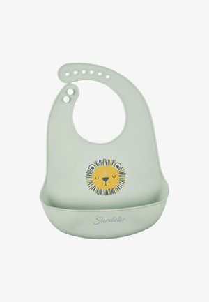 Mintgrüner Silikon-Lätzchen mit einem Löwengrafik und einer Fronttasche zum Auffangen von Essen. Verfügt über mehrere verstellbare Halslöcher für die Anpassung an die Größe.