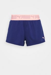 Marinblå sportshorts med ett rosa elastiskt midjeband med texten 'PUMA'. Tillverkade av lätt tyg, designade för komfort och rörlighet.