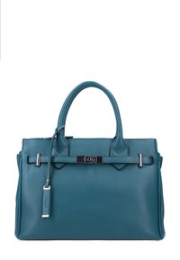 Borsa a mano in pelle verde acqua con doppi manici, dettaglio fibbia argentata sulla fascia frontale e targhetta di pelle con marchio attaccata al manico.