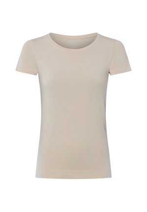 Beige short-sleeve fitted T-shirt with round neckline on a white background.