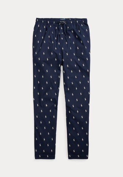 Pantalones de pijama azul marino con cintura elástica, bragueta de botones y logos bordados blancos de jugadores de polo estampados por todas partes.
