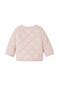 Quilted jacket in soft pink with small floral patterns. Features three-quarter sleeves and a round neckline. Textured diamond design.