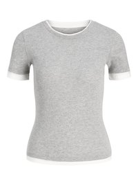 Gray short-sleeve t-shirt with white crew neck and cuff accents. Made of cotton blend fabric, featuring a fitted shape and smooth texture.