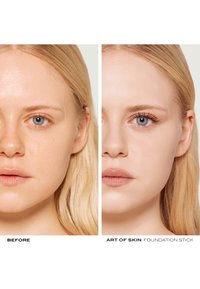 Résultats d'application du stick de fond de teint : Avant, la peau est nue ; après, elle présente un teint uniforme et lisse, un fini mat subtil et un contour naturel.