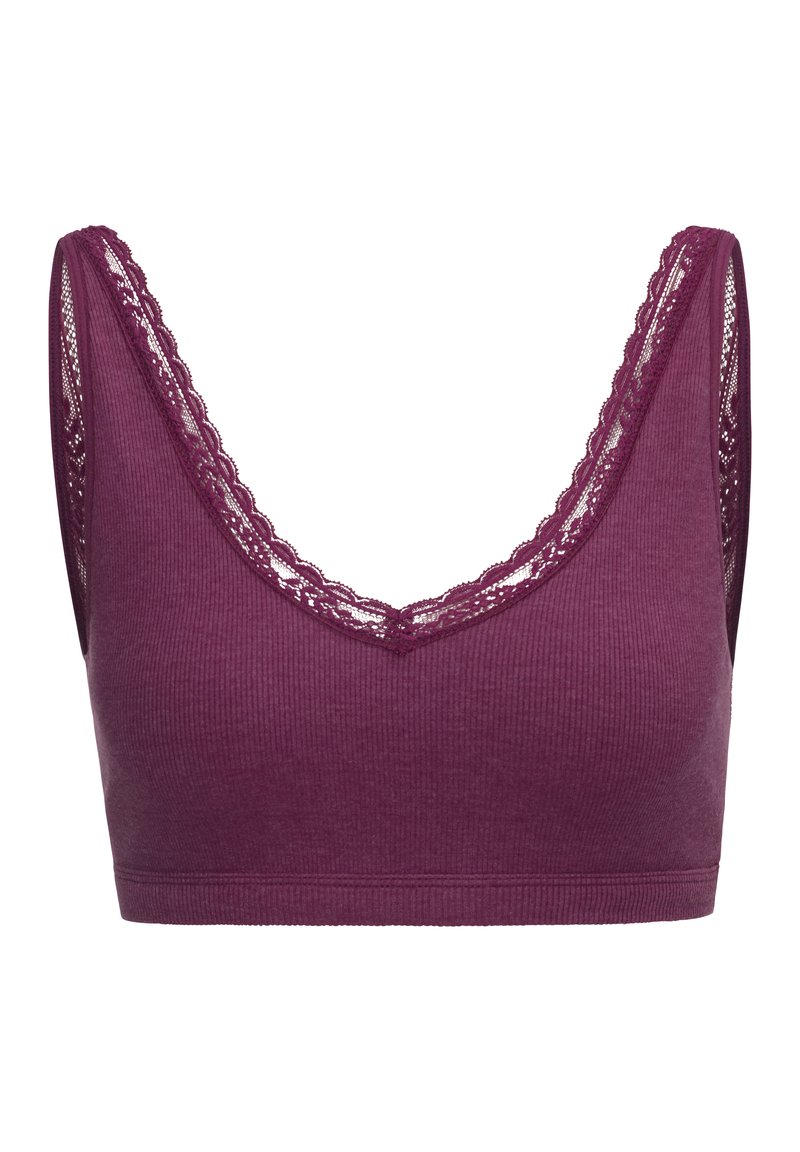 Bordo bralette s rebrastom teksturom, čipkastim rubom duž dekoltea i otvora za ruke, te bešavno, rastezljivo dizajniranje za udobnost.