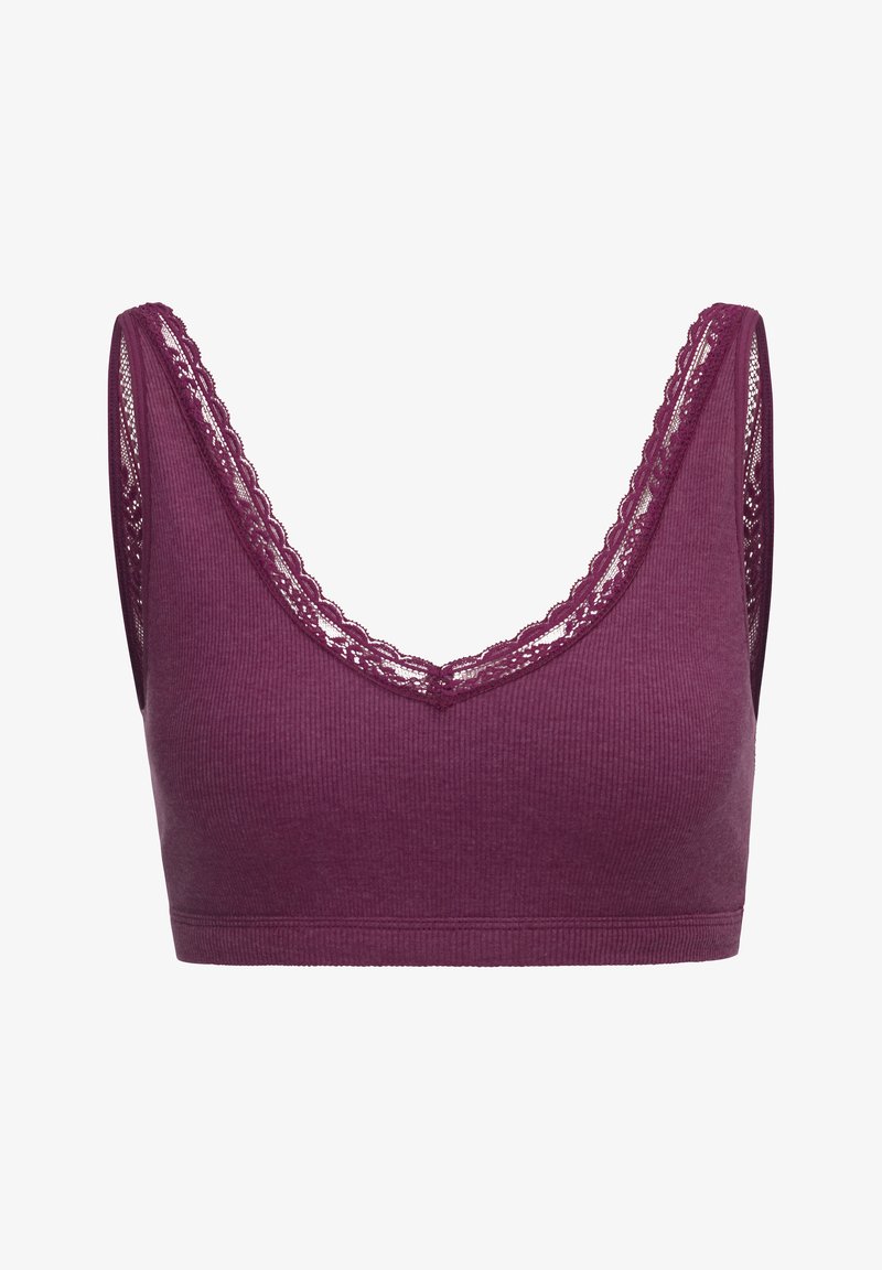 Bralette burdeos con textura acanalada, con encaje en el escote y en los agujeros de los brazos, y un diseño sin costuras y elástico para mayor comodidad.