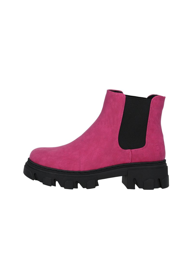 Botín de ante rosa con una gruesa suela de goma negra, paneles laterales elásticos para facilitar el uso y un diseño de punta redondeada.