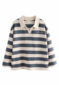 Gestreept poloshirt in marineblauw en crèmekleur. Zachte stof met een kraag en een v-hals. Heeft 'Sports Club' geborduurd op de borst.