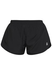 Pantalones cortos deportivos negros hechos de material ligero, con una cintura elástica, un ajuste holgado y un discreto logo en el lateral.