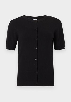 Black short-sleeve cardigan made of soft knit fabric, featuring a round neckline and buttons down the front, with ribbed cuffs and hem.