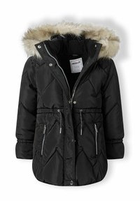 Chaqueta acolchada negra con capucha de pelo sintético, frontal con cremallera, cintura con cordón y bolsillos laterales. Patrón de rombos en toda la prenda.