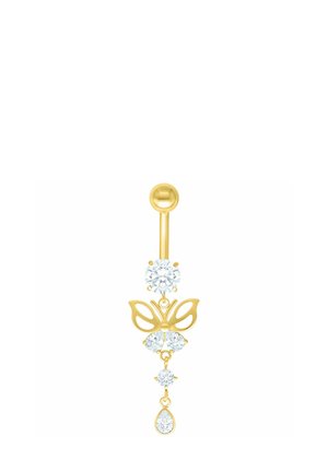 Gold belly button ring with a butterfly design, featuring clear round and teardrop gemstones hanging in a vertical arrangement.