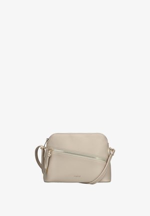 Sac bandoulière en cuir beige avec poche zippée diagonale, tirettes de fermeture éclair couleur or et bandoulière réglable.